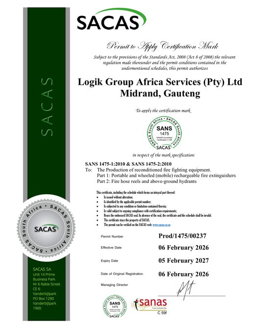 SANS 1475 Permit to Apply Certification Mark
